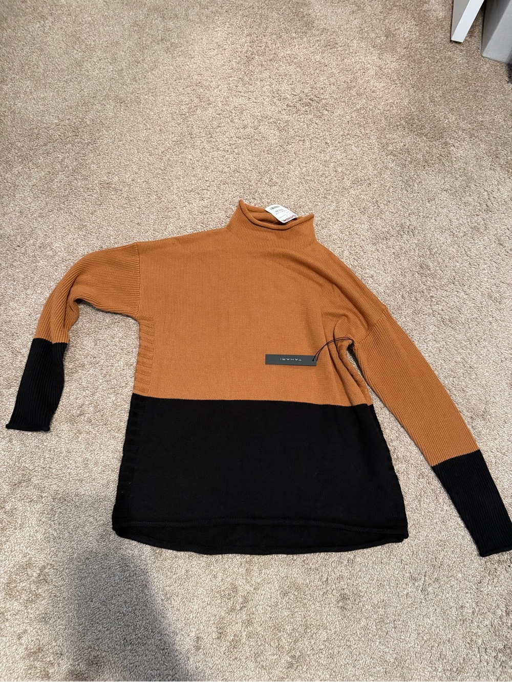 Tahari Two-Tone Turtleneck Sweater in Brown and Black
